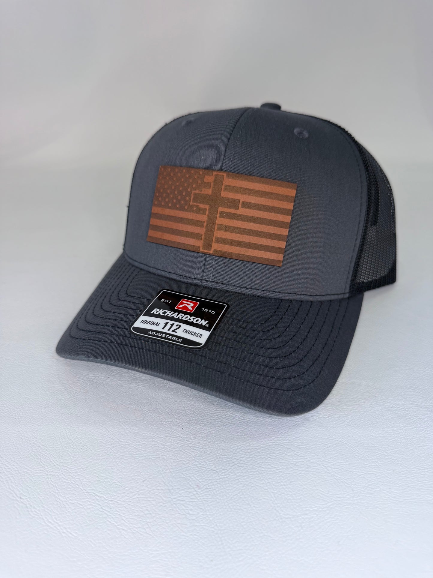 Charcoal Gray American Flag with Cross on Custom Leather Patch