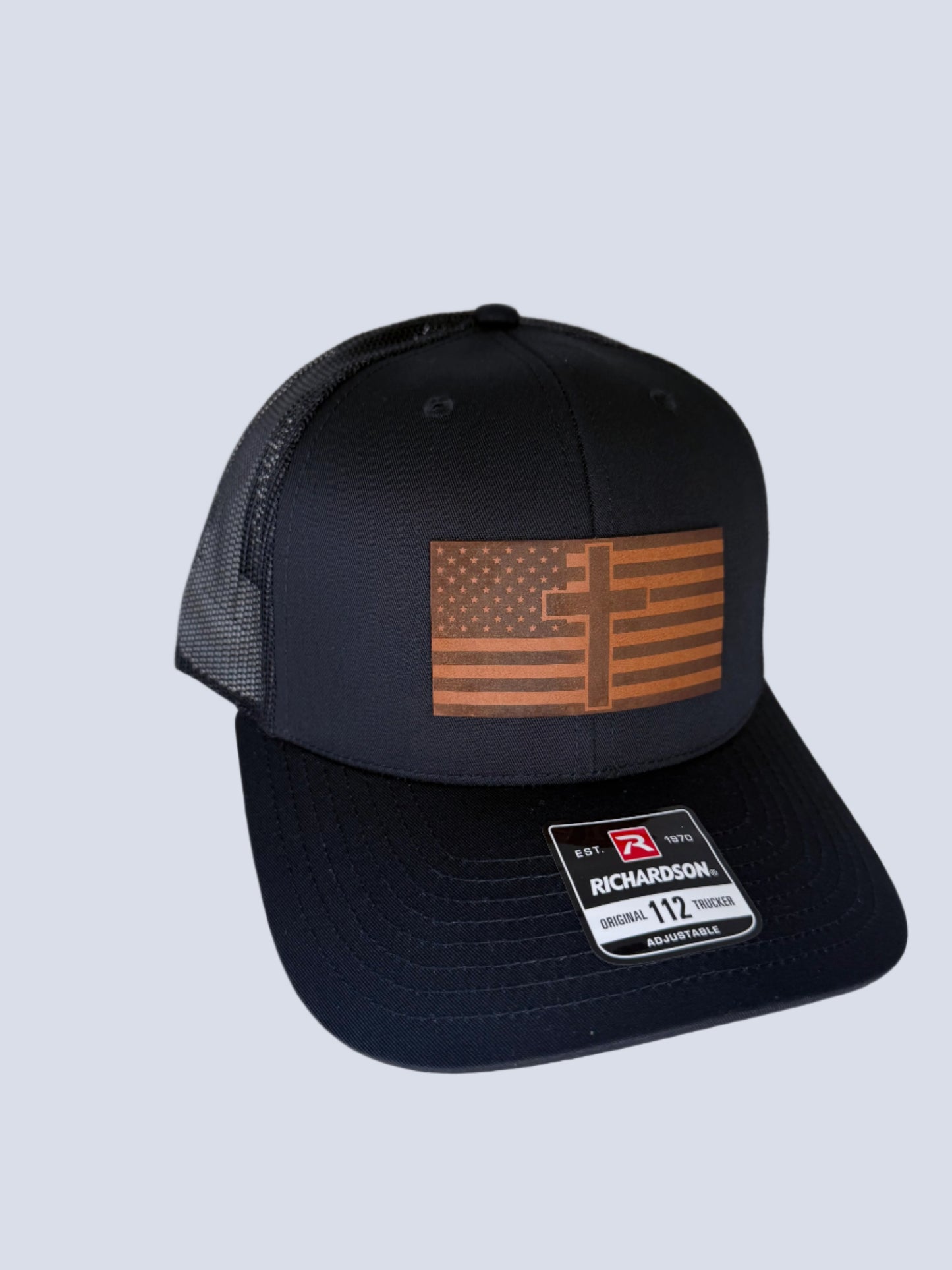 Black American Flag with Cross on Custom Leather Patch