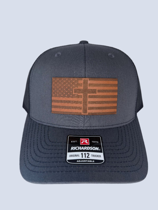 Charcoal Gray American Flag with Cross on Custom Leather Patch