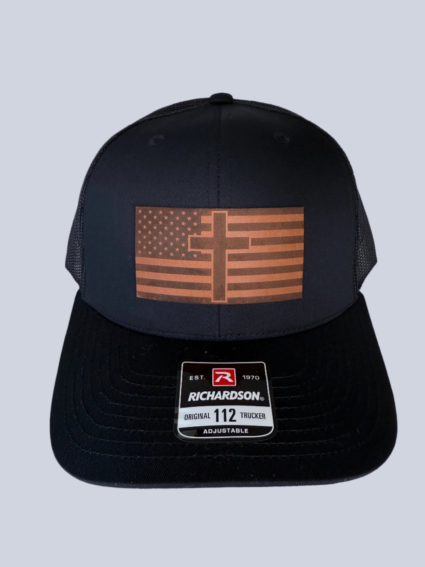 Black American Flag with Cross on Custom Leather Patch